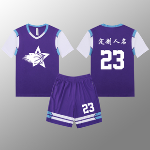 女款女生女童学生假两件短袖篮球服运动健身套装定制印刷B007紫色