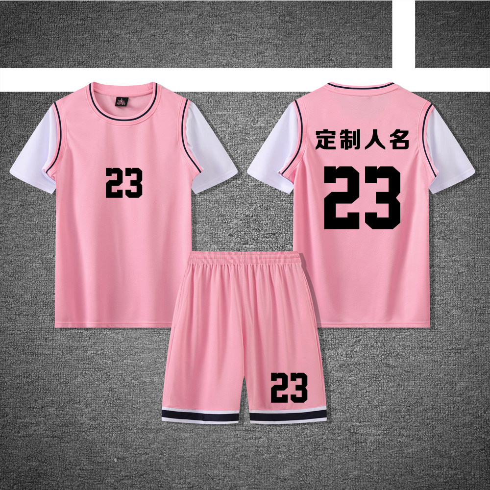 女款女士女生学生假两件短袖篮球服运动健身套装定制印刷A833粉色