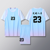 篮球服运动健身套装 女款 女生女童学生假两件短袖 定制印刷B002浅蓝