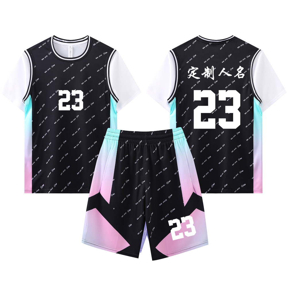 女款女生女童学生假两件短袖篮球服运动健身套装定制印刷B005黑色