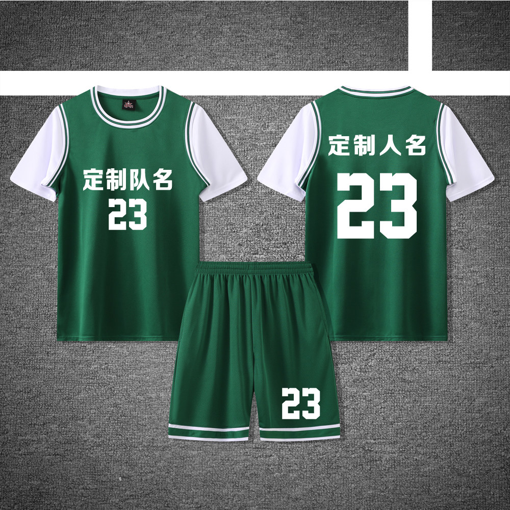 女款女士女生学生假两件短袖篮球服运动健身套装定制印刷A833墨绿