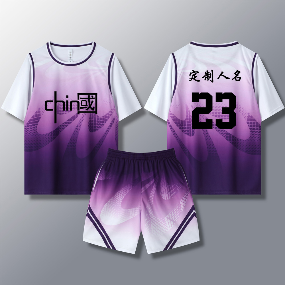 女款女生女童学生假两件短袖篮球服运动健身套装定制印刷3010紫色