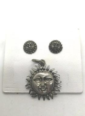 925银太阳脸阳光吊坠耳钉套装酷