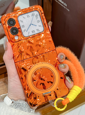 适用华为novaflip手机壳橙色电镀水波纹新款Nova FlipS折叠屏超薄防摔外壳解压旋转磁吸支架硬壳手提保护套