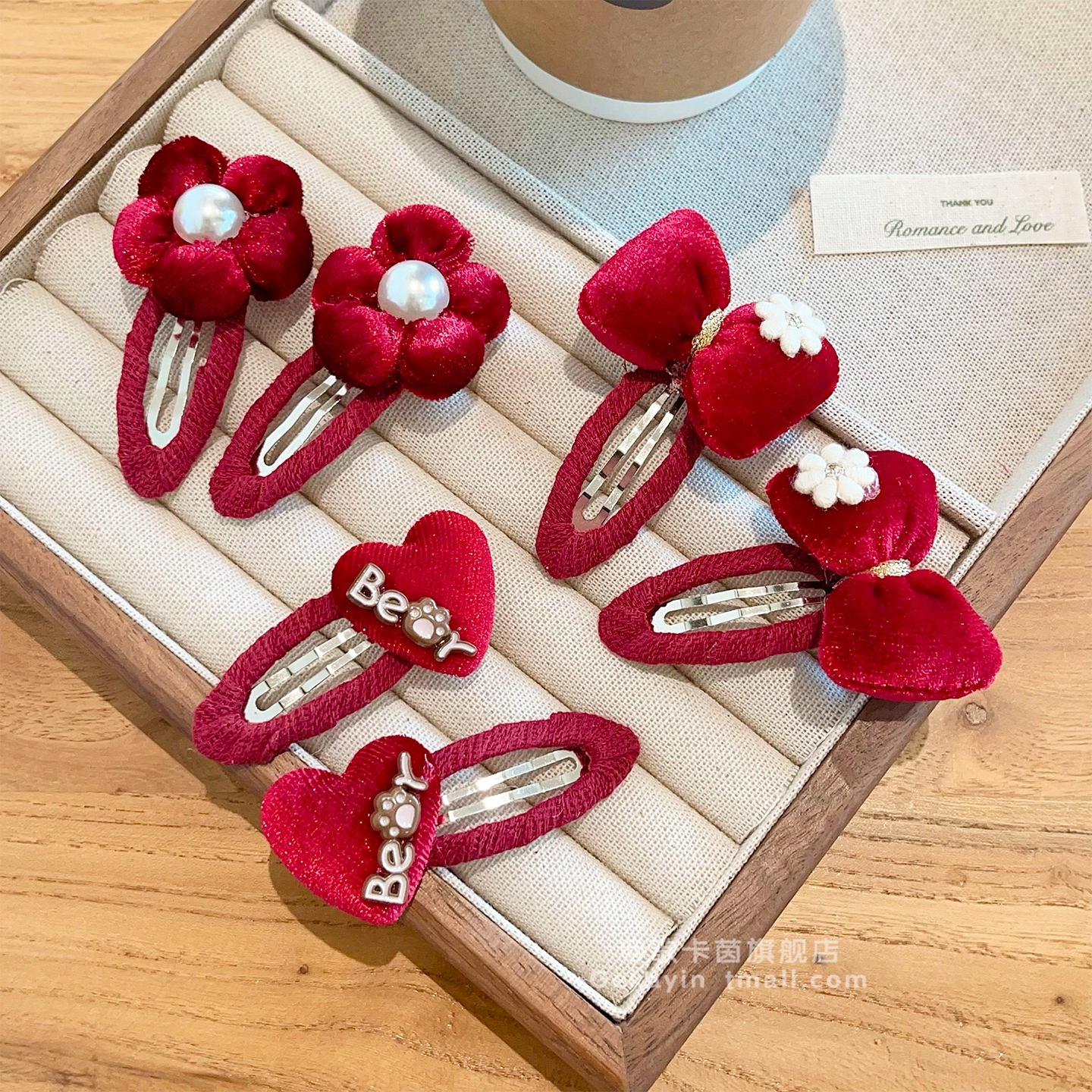 新年植绒儿童酒红花朵发夹前额刘海侧边夹女童小宝宝可爱发夹头饰