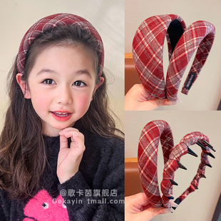 儿童发箍女童红色发卡女不勒头防滑宽边格纹韩系女孩新年头箍女款