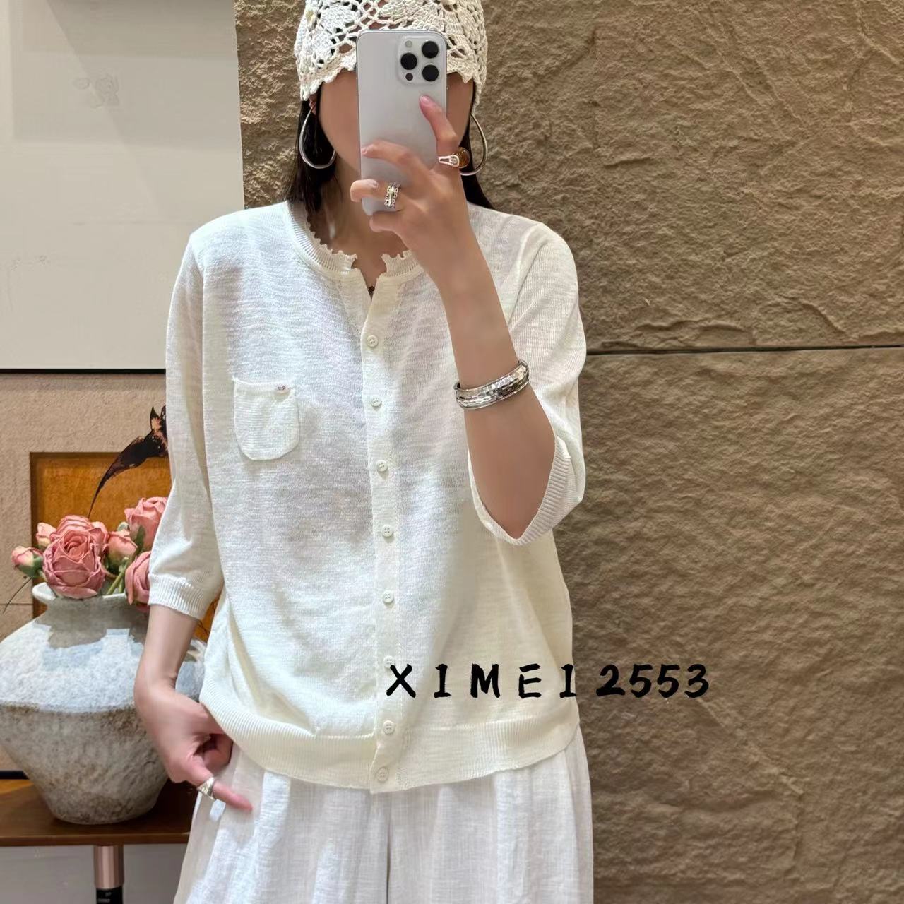2025夏季新款冰丝麻V领短袖针织开衫女宽松显瘦百搭毛衣外套上衣