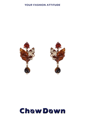 CHOWDOWN原创半面狐系列短款吊坠耳环925银针新年红色耳饰串珠