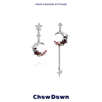 CHOWDOWN原创红色月牙不对称耳环