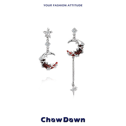 CHOWDOWN原创红色月牙不对称耳环
