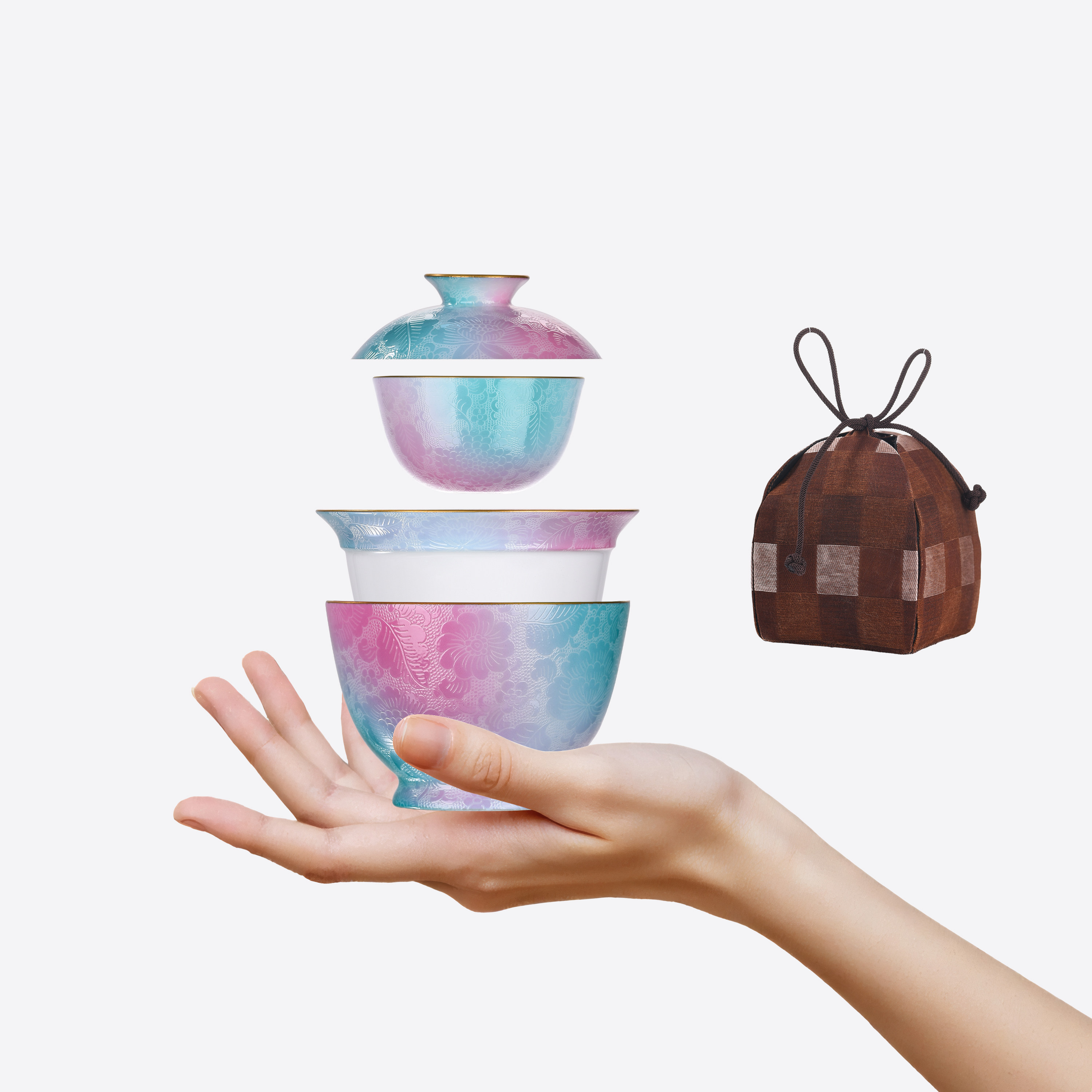 古帛扒花旅行茶具套装香云纱户外便携式手抓盖碗景德镇陶瓷礼盒装