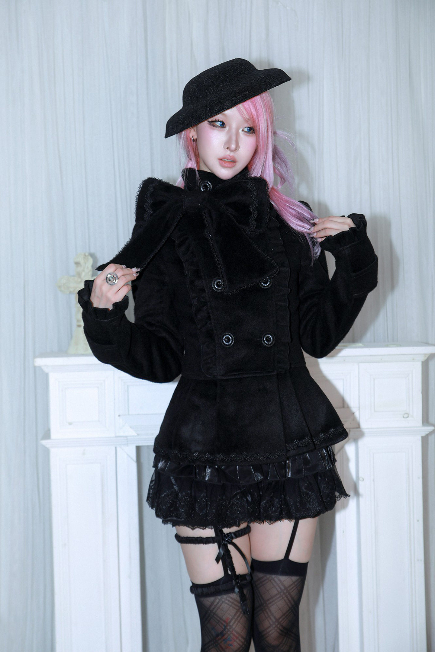 thumbnail for HBreaker Detachable Large Bow Original Design Slim Fit Tweed Coat Jacket