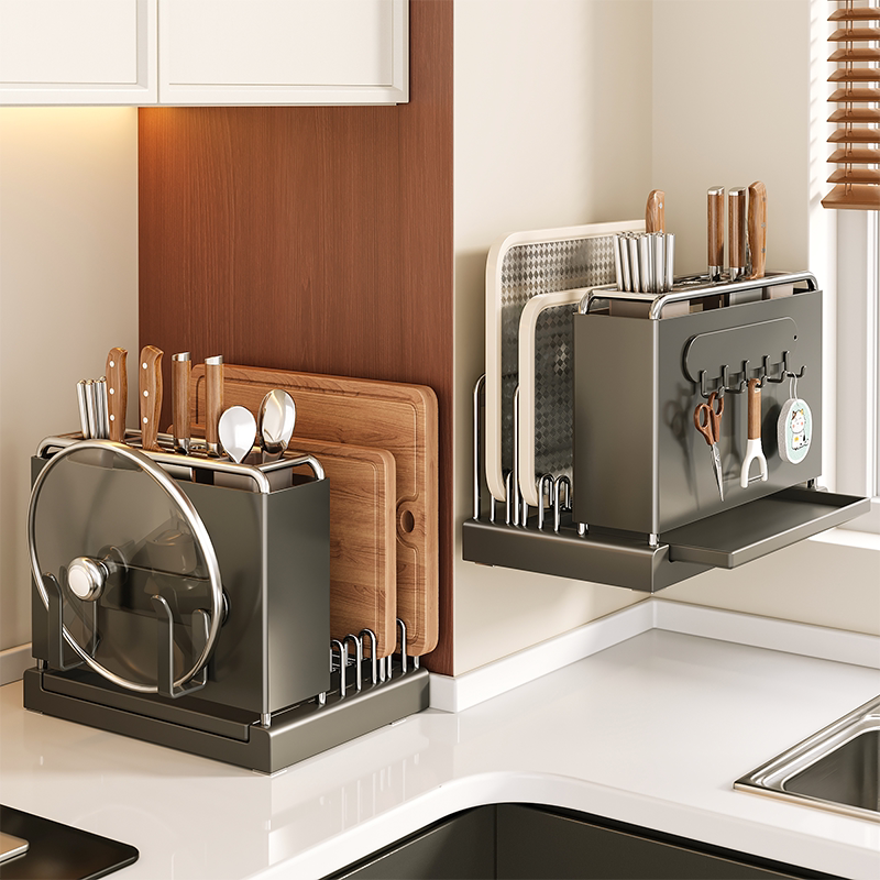 刀架置物架厨房壁挂台面多功能筷子笼菜刀砧板锅盖一体刀具收纳架