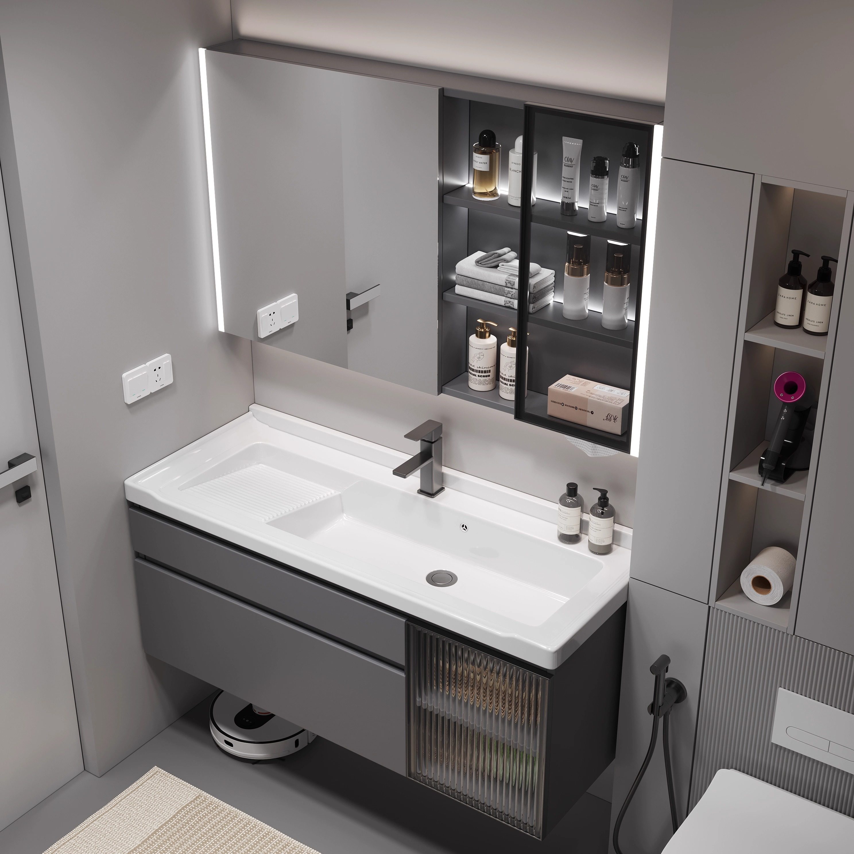 美妆智能浴室柜组合卫生间岩板陶瓷一体搓衣板盆洗手洗脸洗漱台池,家装主材,浴室柜组合,淘宝优惠券,粉丝福利购,淘宝优惠卷