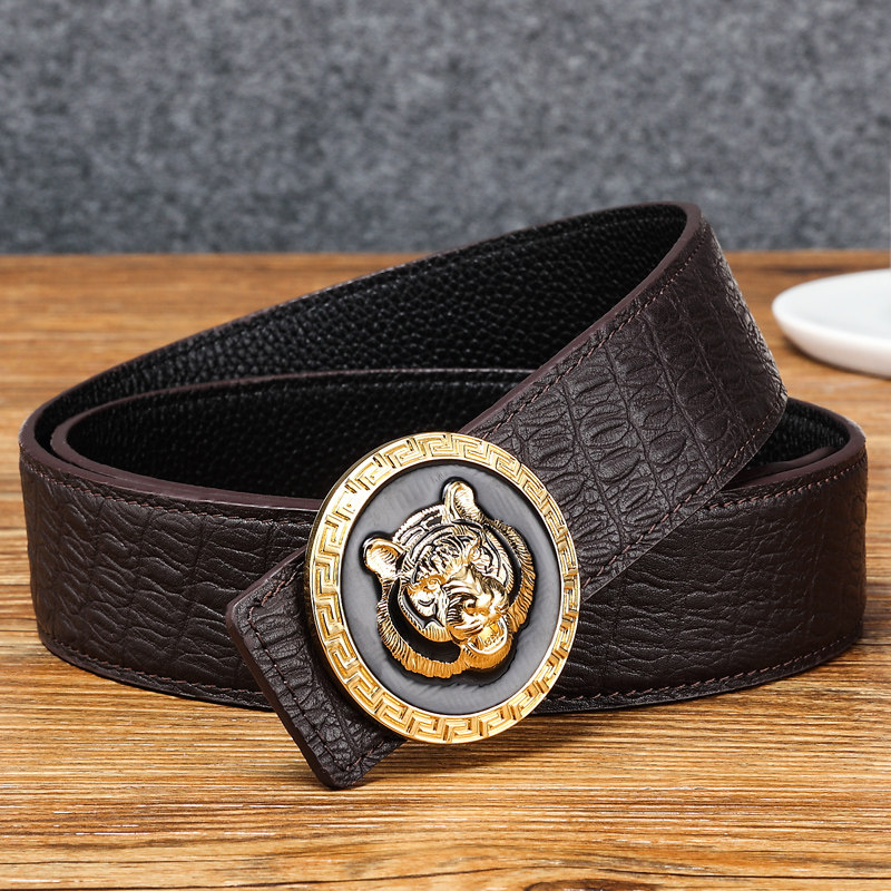 2024新款皮带男真皮年轻人平滑扣鳄鱼纹腰带男士裤带个性虎头