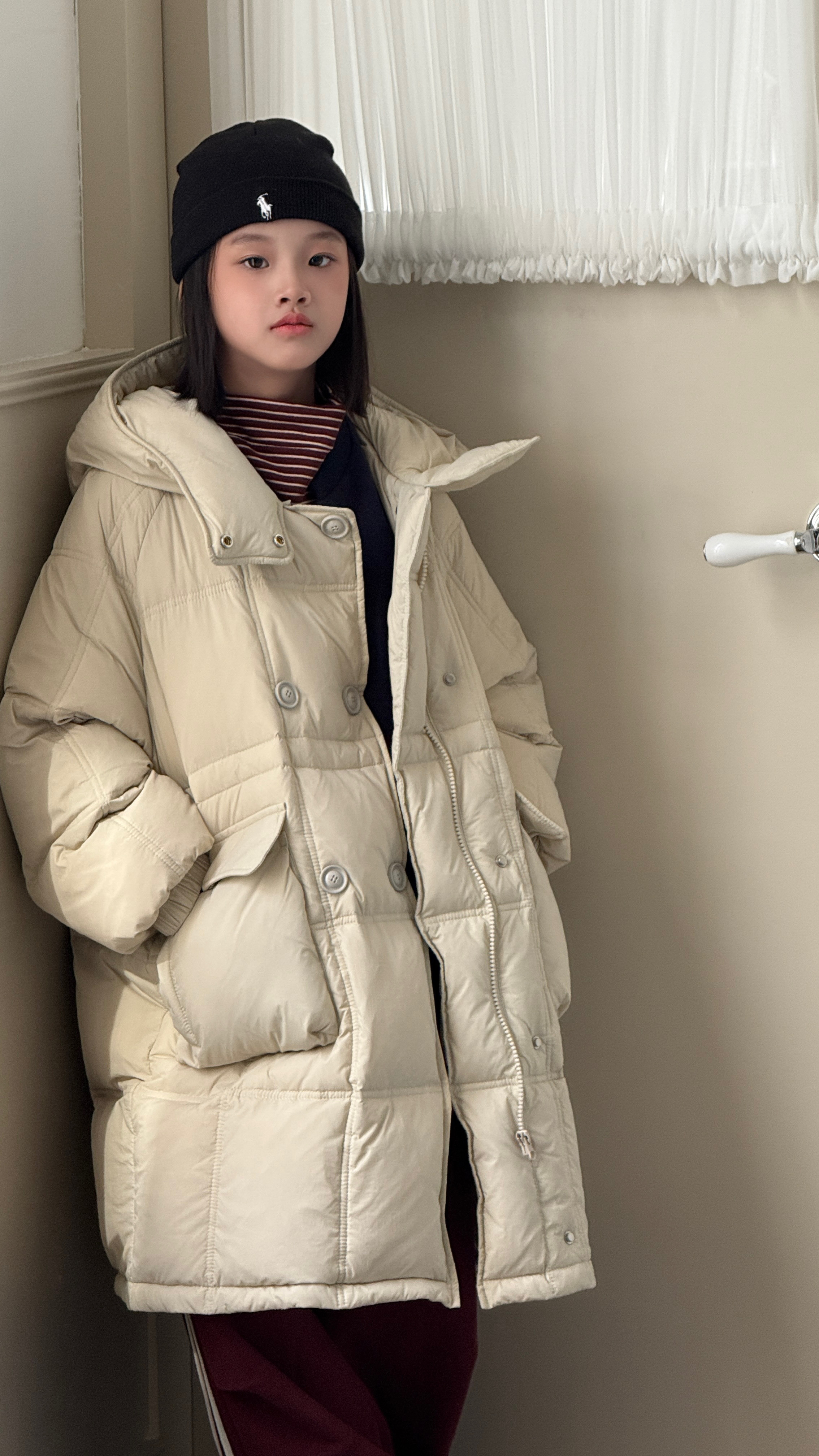 波拉韩童装女童羽绒服中长款连帽2025儿童冬装白鸭绒外套男童衣服