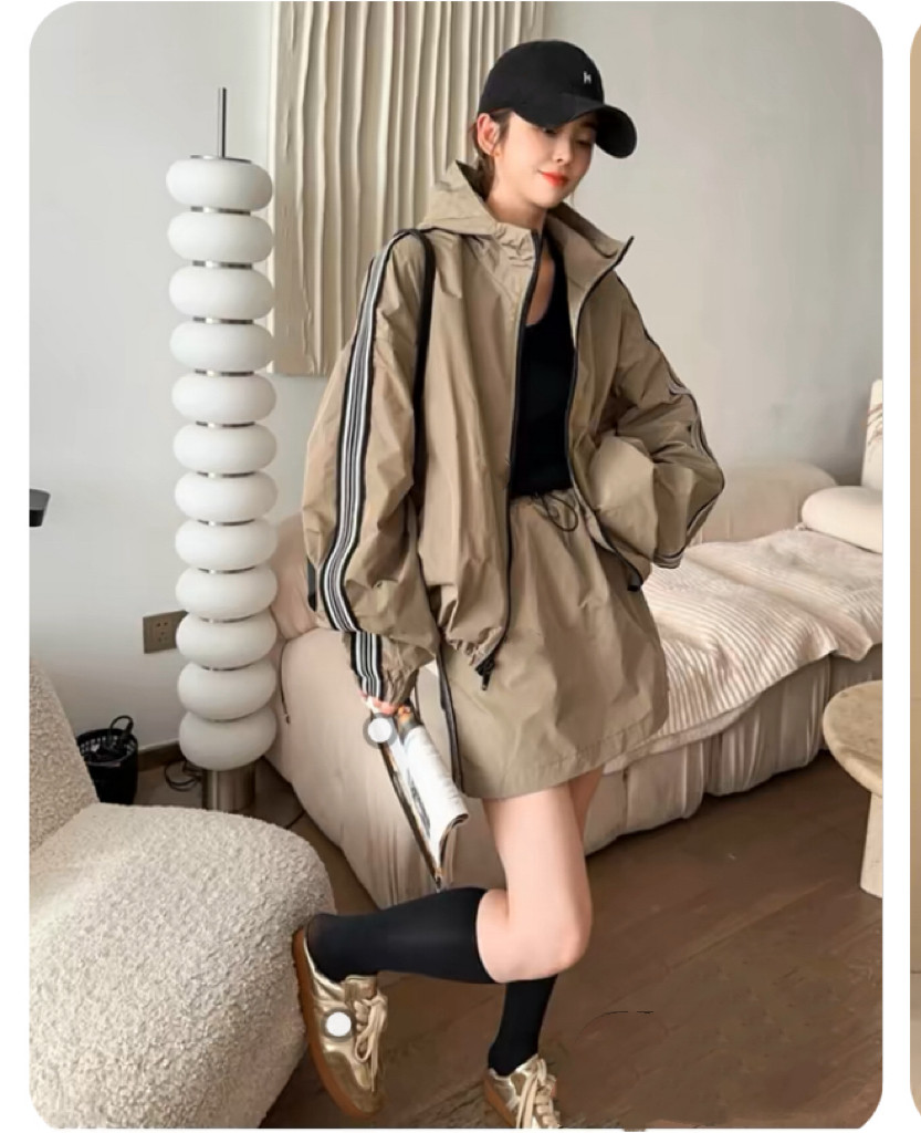 欧洲站欧货休闲运动风三条杠撞色拼接连帽卫衣半身裙子两件套早秋