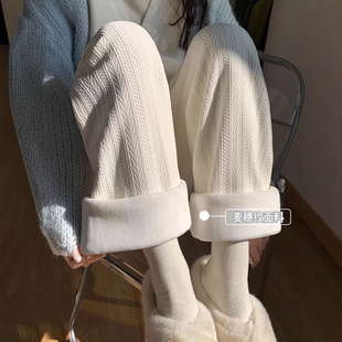 加绒灯芯绒裤 直筒休闲裤 女春秋高腰垂感窄版 雪尼尔麦穗纹针织裤