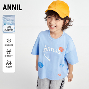 安奈儿童装男童凉感抗菌圆领短袖针织衫2025夏新款