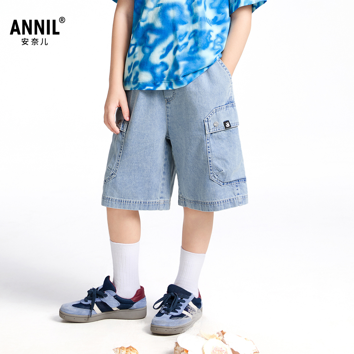 【商场同款】安奈儿童装男童全腰牛仔中裤2025夏宽松大口袋工装风