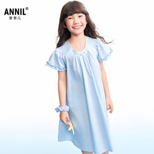 【商场同款】安奈儿童装女童短袖连衣裙2026夏A字裙子宽松亲肤