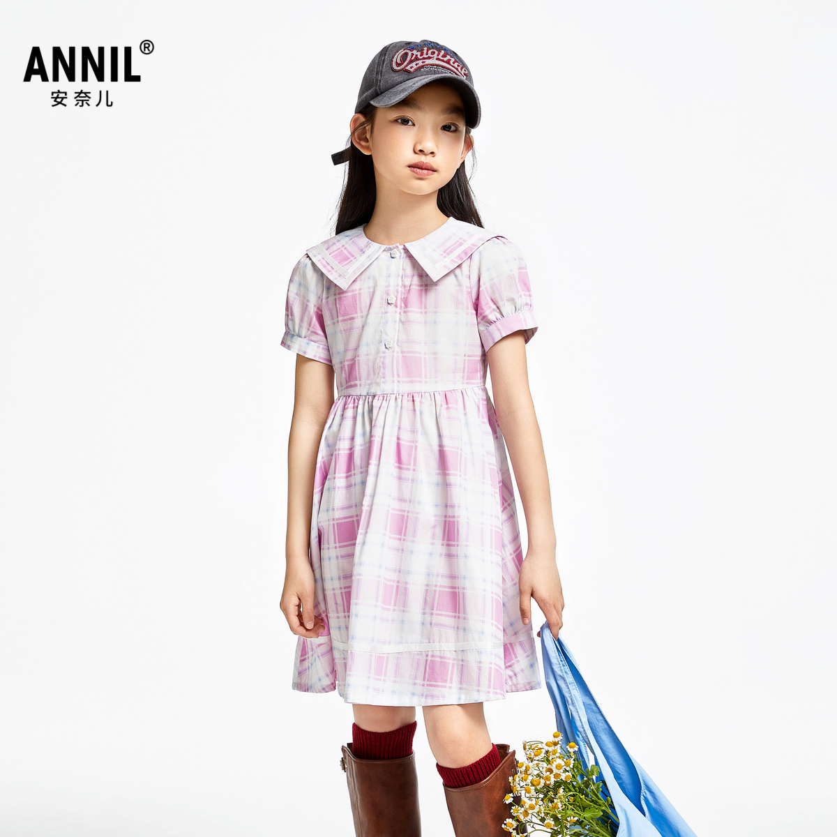 安奈儿童装女童短袖连衣裙2024夏新款纯棉吸湿透气清新甜美洋气