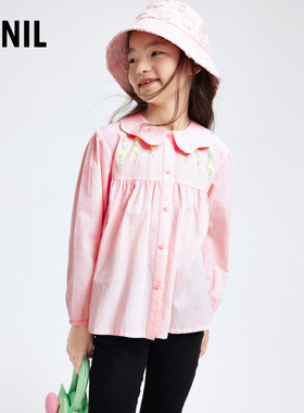 【荷花边翻领】安奈儿童装女童衬衫2024春秋甜美刺绣印花宽松长袖