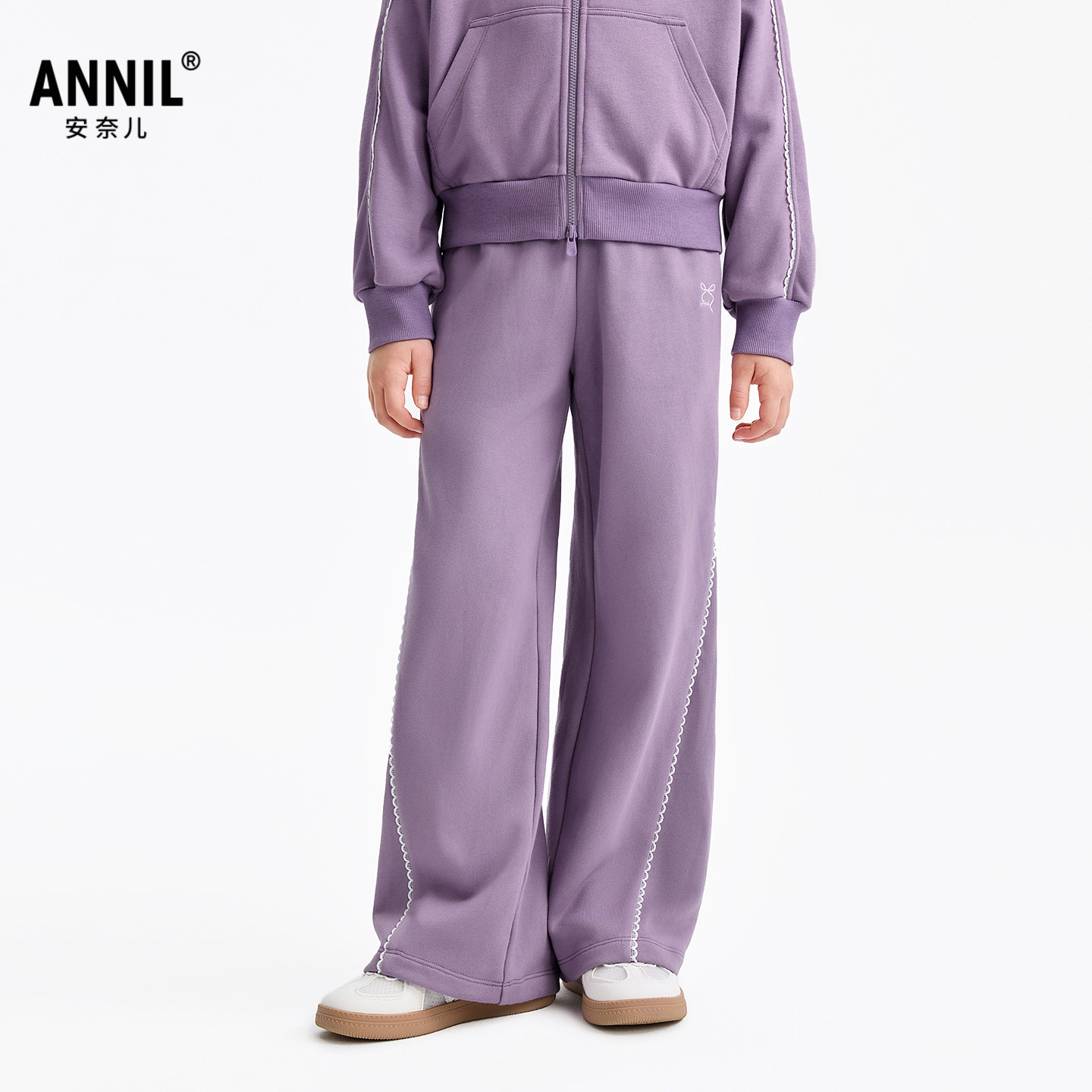 安奈儿童装女童休闲裤长裤子2026春弯刀裤卫裤耐磨抗起球绣花亲肤