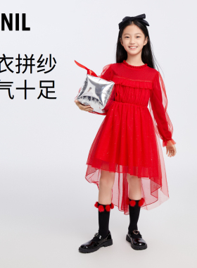 【奥莱清仓】安奈儿女童装连衣裙长袖红色2023冬新款甜美网纱裙子