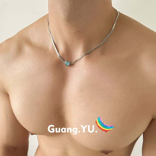 GuangYu蓝色猫眼蛇骨链小众项链