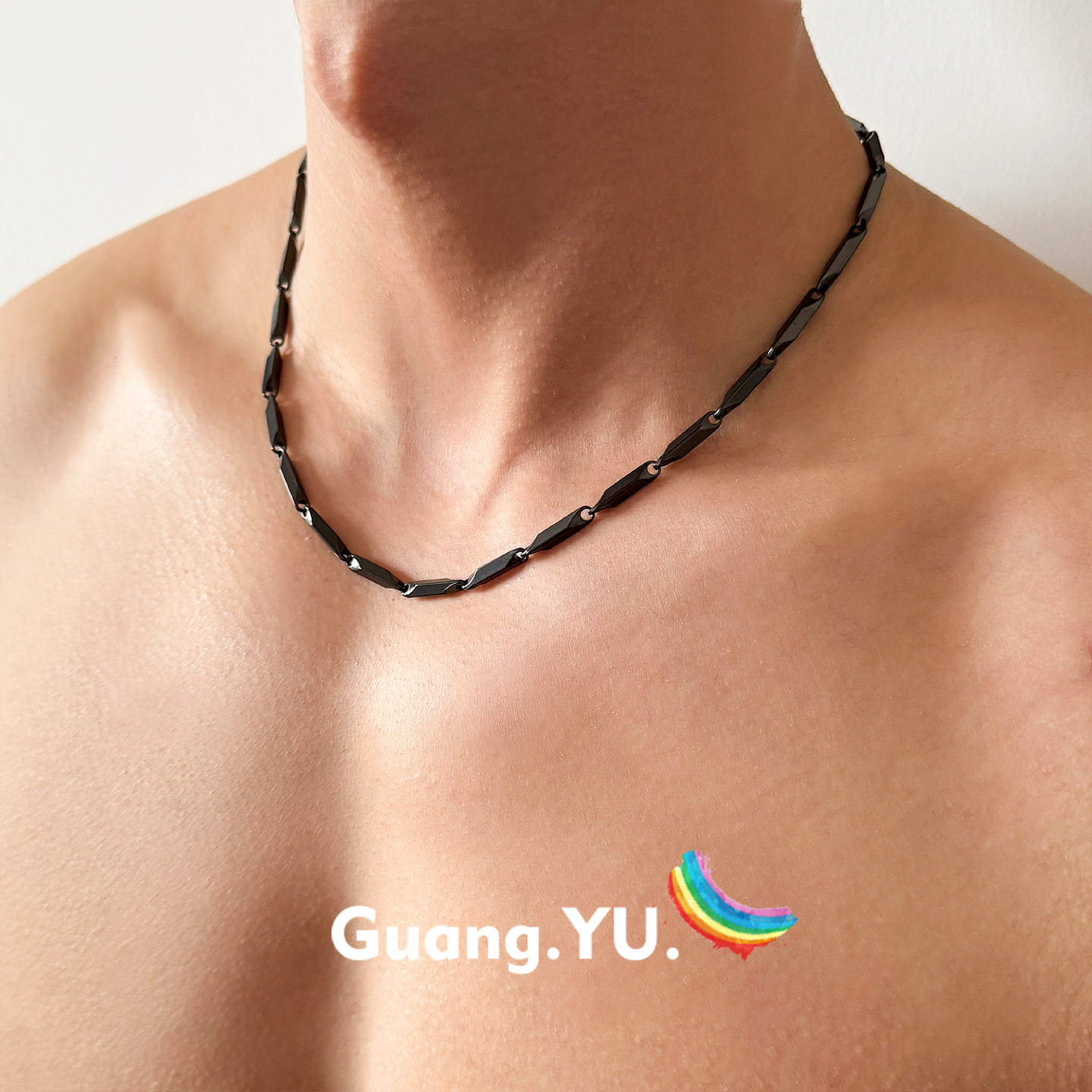 GuangYu黑色菱形瓜子链钛钢项链男款高级感嘻哈简约百搭素链配饰