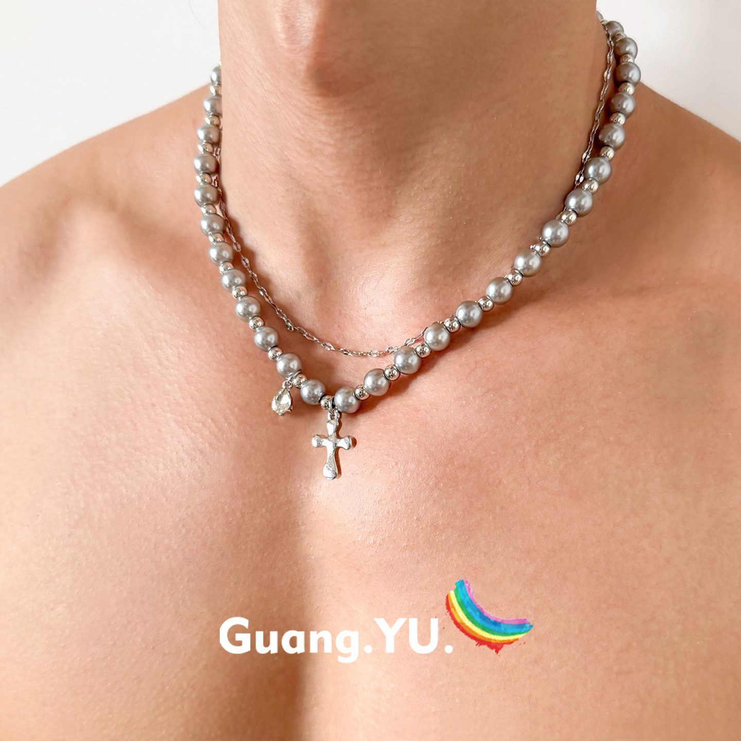 GuangYu灰色珍珠十字架项链男双层叠戴设计感小众个性颈链锁骨链