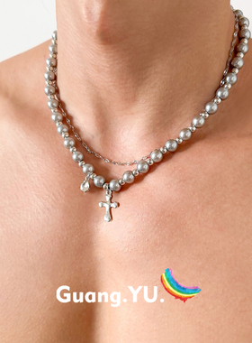 GuangYu灰色珍珠十字架项链男双层叠戴设计感小众个性颈链锁骨链