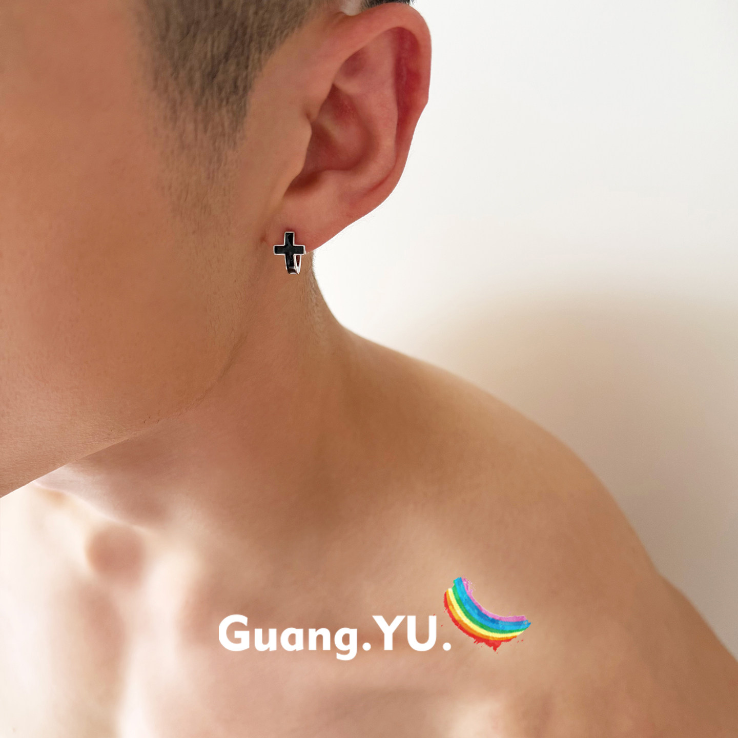 GuangYu黑色滴油十字架耳环男款高级感嘻哈潮流圈圈复古耳饰耳扣
