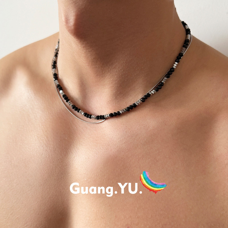 GuangYu黑银拼色双层叠戴式项链男小众不规则碎银子配饰女锁骨链