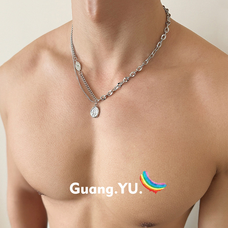 GuangYu褶皱感银币双层叠戴项链