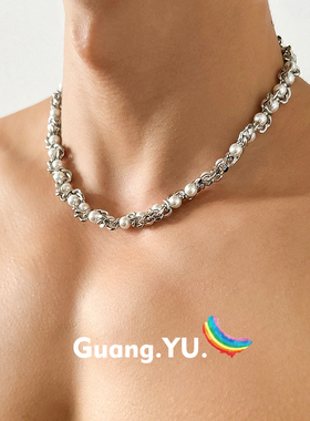 GuangYu缠绕式珍珠项链男高级感钛钢重工设计嘻哈潮流配饰锁骨链