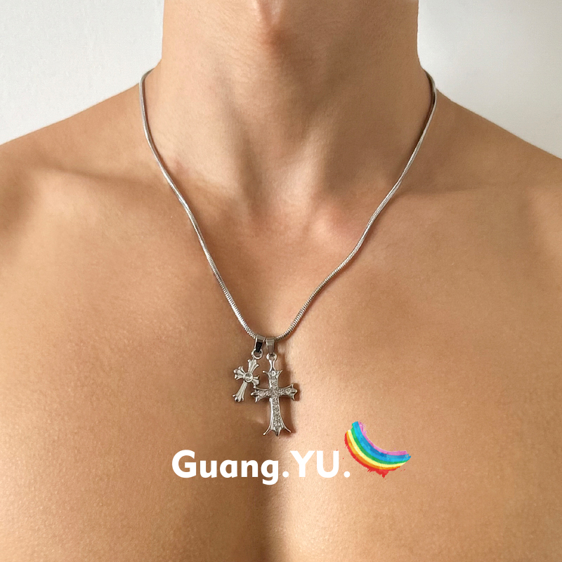 GuangYu双十字架项链男钛钢蛇骨链镶钻吊坠嘻哈潮流配饰女毛衣链