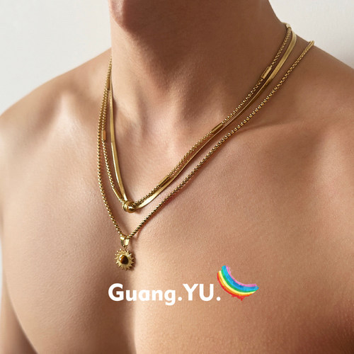 GuangYu太阳花金色钛钢项链男小众高级感三层叠戴配饰个性锁骨链