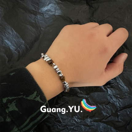GuangYu拼色虎睛石不规则拼接手链男小众中式复古手串高级感手饰