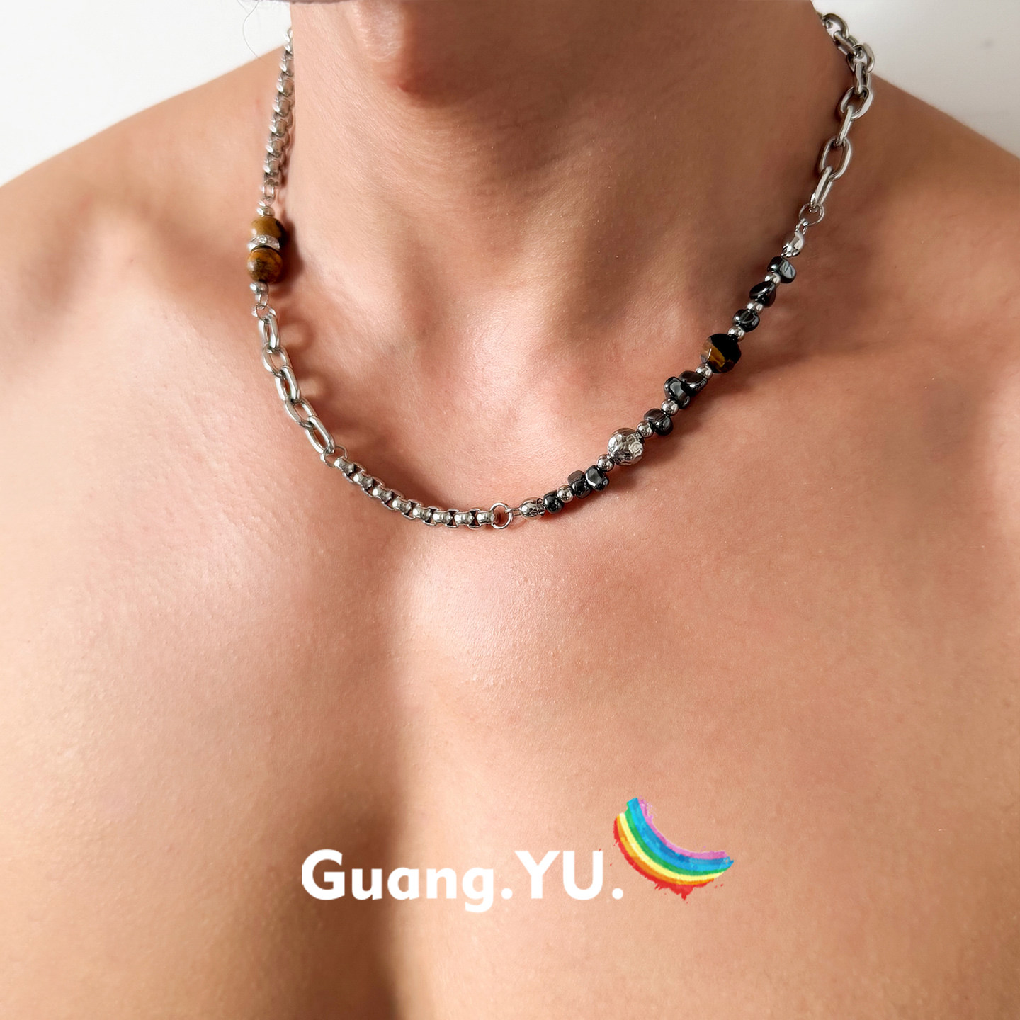 GuangYu碎石串珠项链男款原创设计感拼接钛钢配饰复古小众锁骨链
