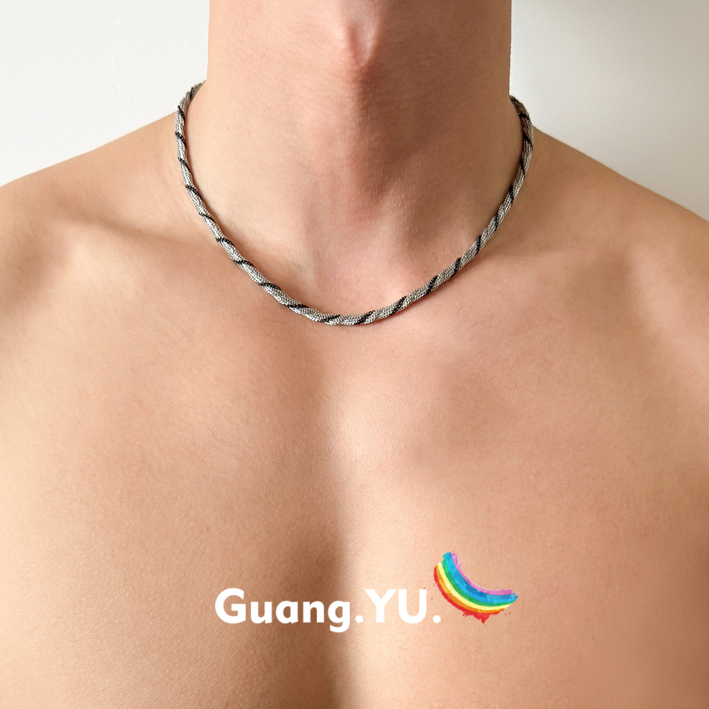 GuangYu黑银拼色链条缠绕项链男款潮钛钢配饰小众冷淡风百搭素链