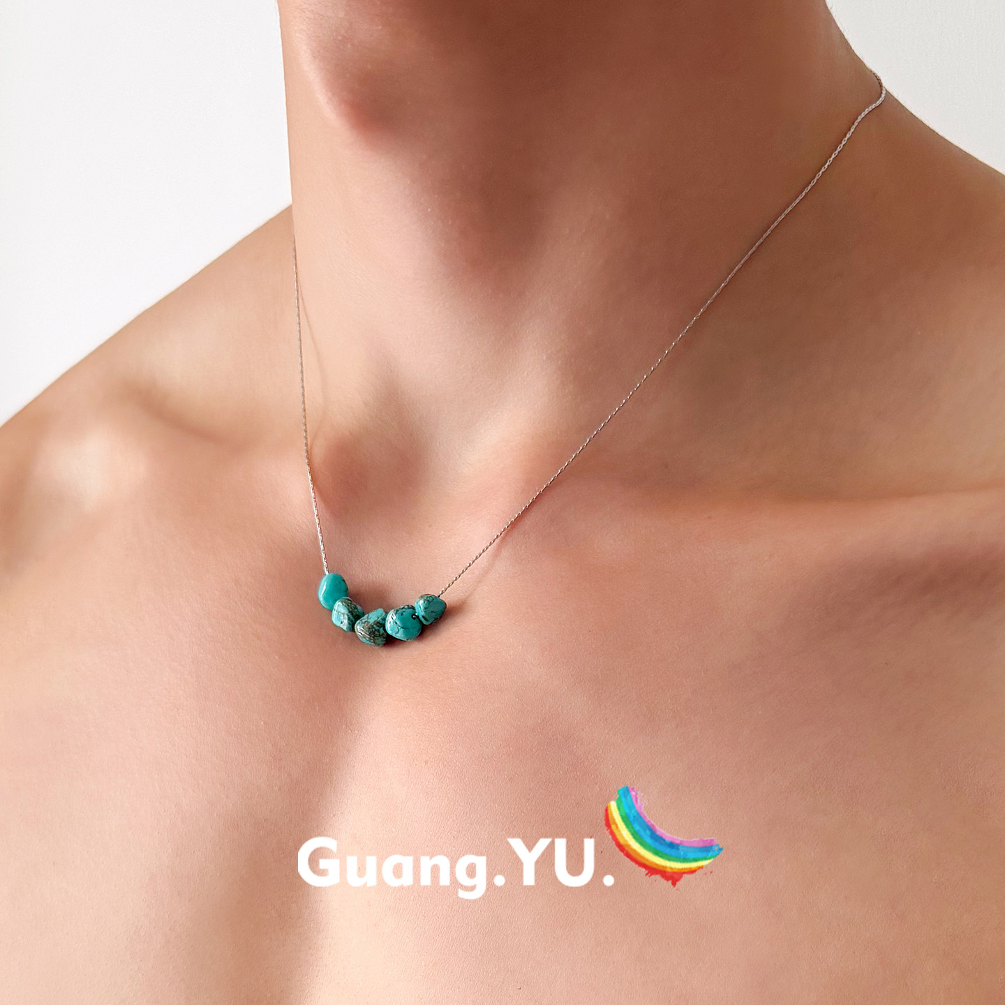 GuangYu绿松石串珠项链男复古小众高级感配饰钛钢细锁骨链女简约