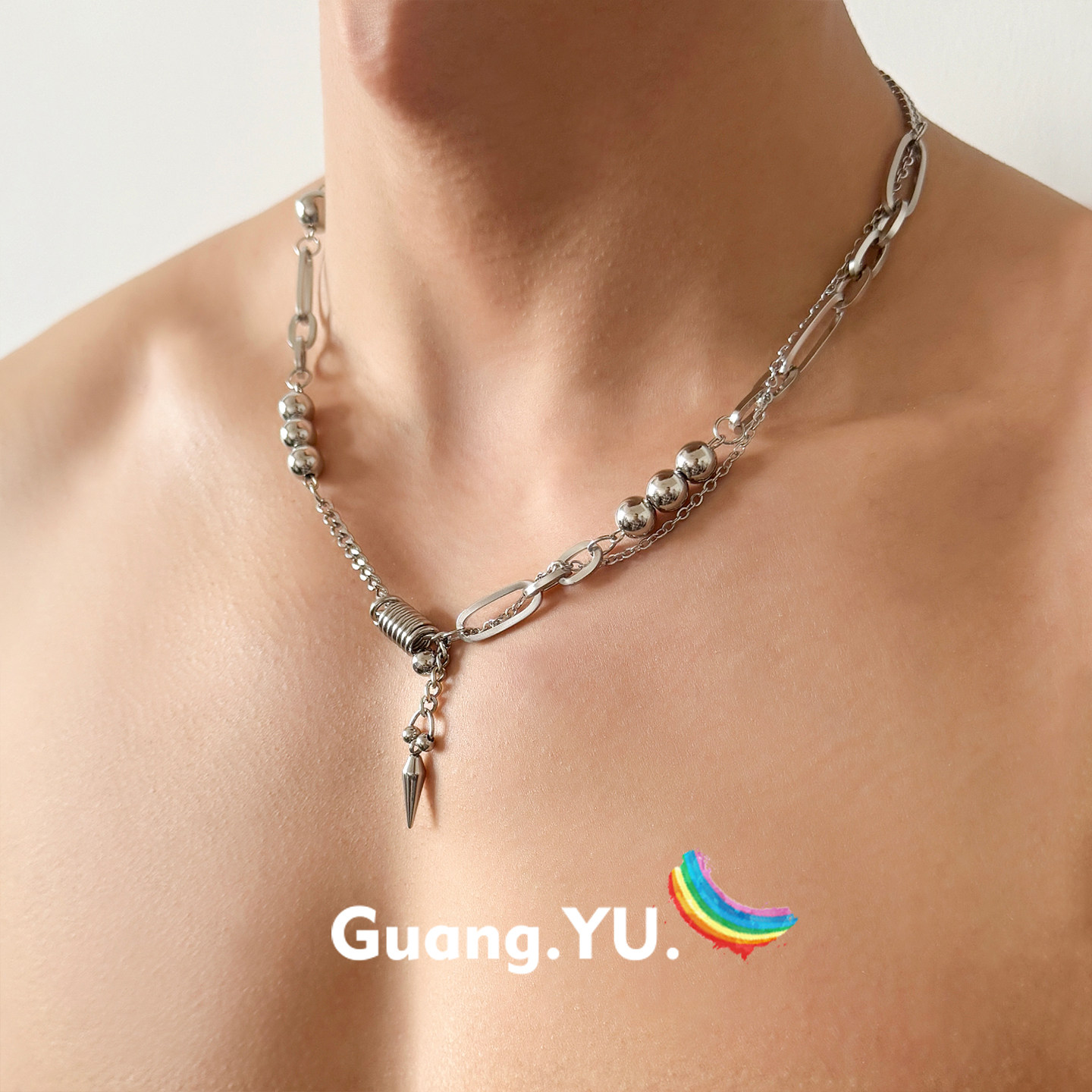 GuangYu重金属拼接铆钉吊坠项链男款潮流嘻哈朋克小众设计感配饰