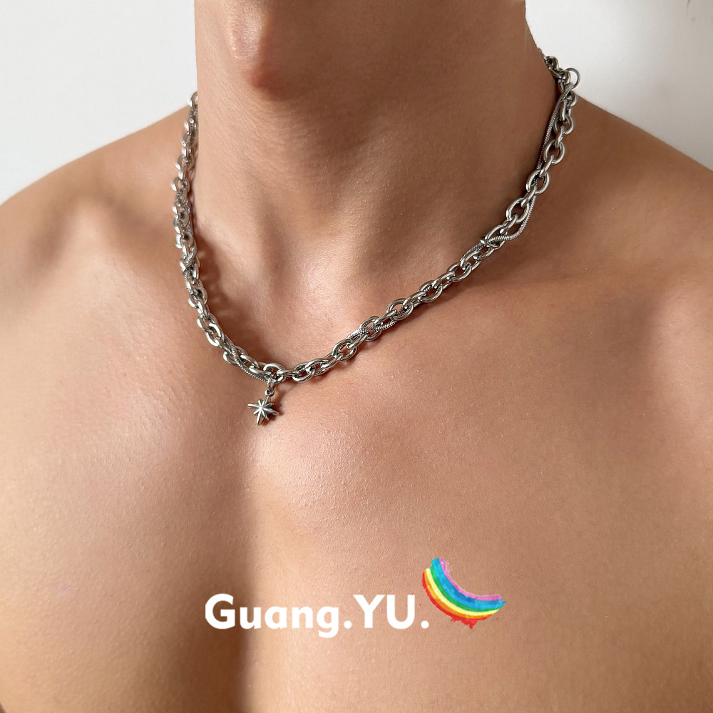 GuangYu八芒星吊坠双层缠绕式钛钢项链男款粗链条配饰嘻哈锁骨链