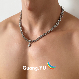 GuangYu八芒星吊坠双层缠绕式钛钢项链男款粗链条配饰嘻哈锁骨链