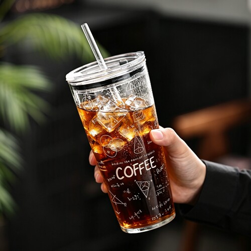 玻璃吸管杯带盖大容量泡茶水杯办公室冰美式咖啡杯透明水杯冷饮杯