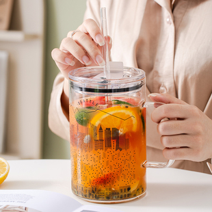 耐高温吸管杯大容量1000ml玻璃杯带把手咖啡牛奶杯网红夏日吨吨杯