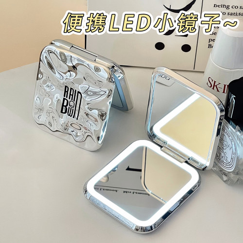 可折叠LED随身携带迷你化妆镜双面便携学生宿舍手持镜子家用女