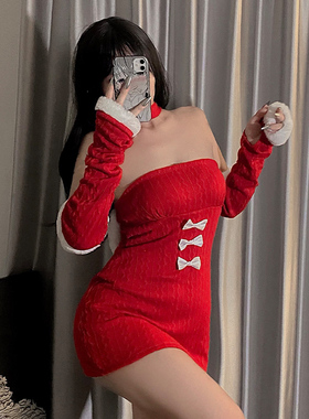 姬GILL:网红圣诞风抹胸连衣裙法式性感小个子收腰显瘦红色包臀短